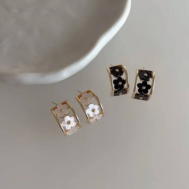 S925 Silver Needle Simple Gold Plated Small Sweet C-Shaped Hollow Acrylic Flower Hoop Stud Earrings for Women Girls