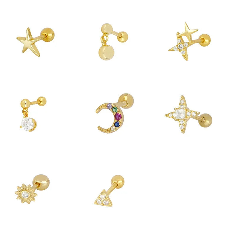 Factory Wholesale 925 Sterling Silver Tiny Geometric Stars Moon Zircon Cartilage Stud Earrings for Women