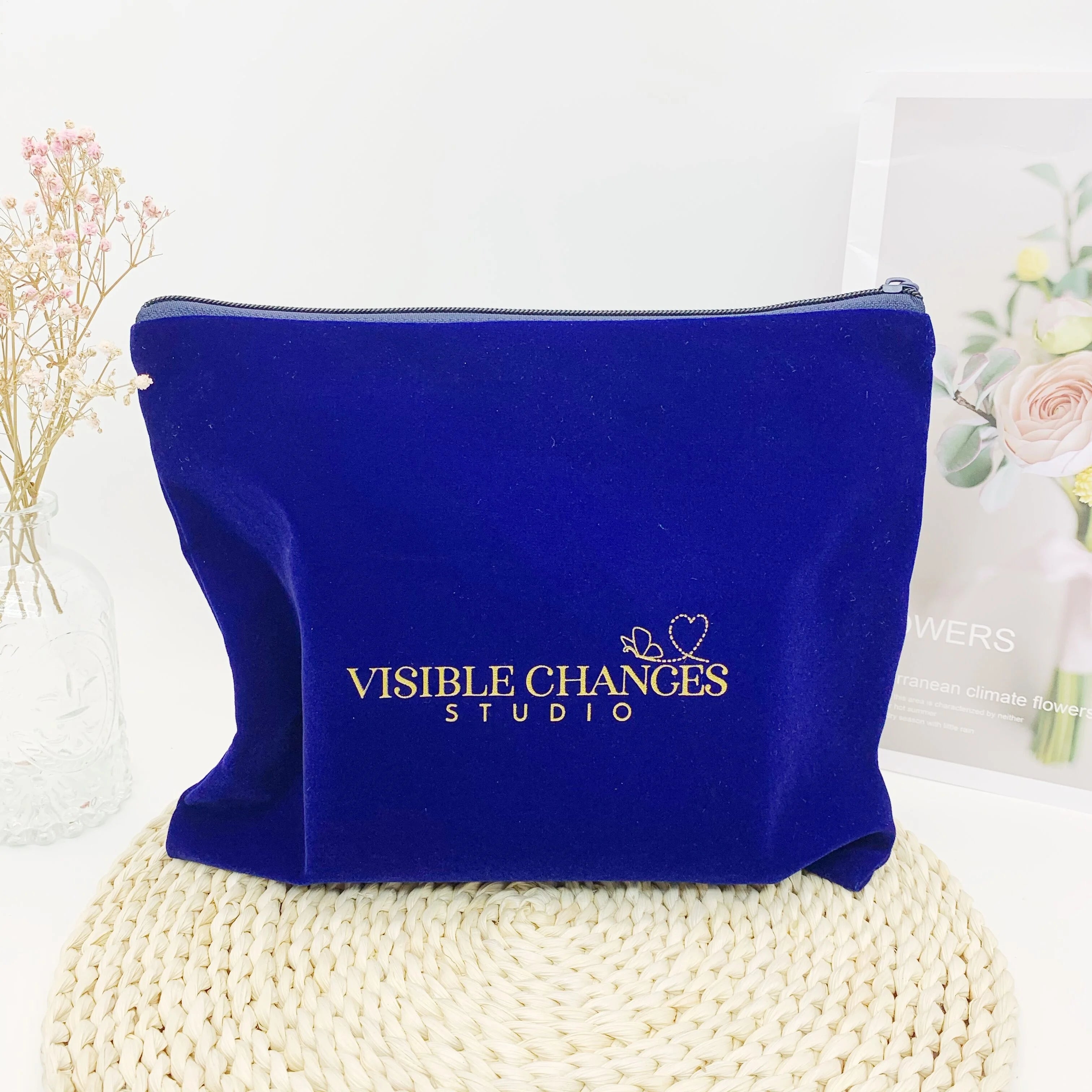 Personal Printed Dark Blue Velvet Zipper Wash Bags Custom Logo Pouch Velvet Zipper