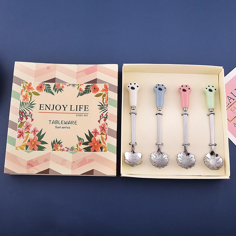 4 Pcs Kids Flatware Set Stainless Steel and Cartoon Ceramic Handle Kid's Spoon for Dessert Coffee Tea with Color Gift Box