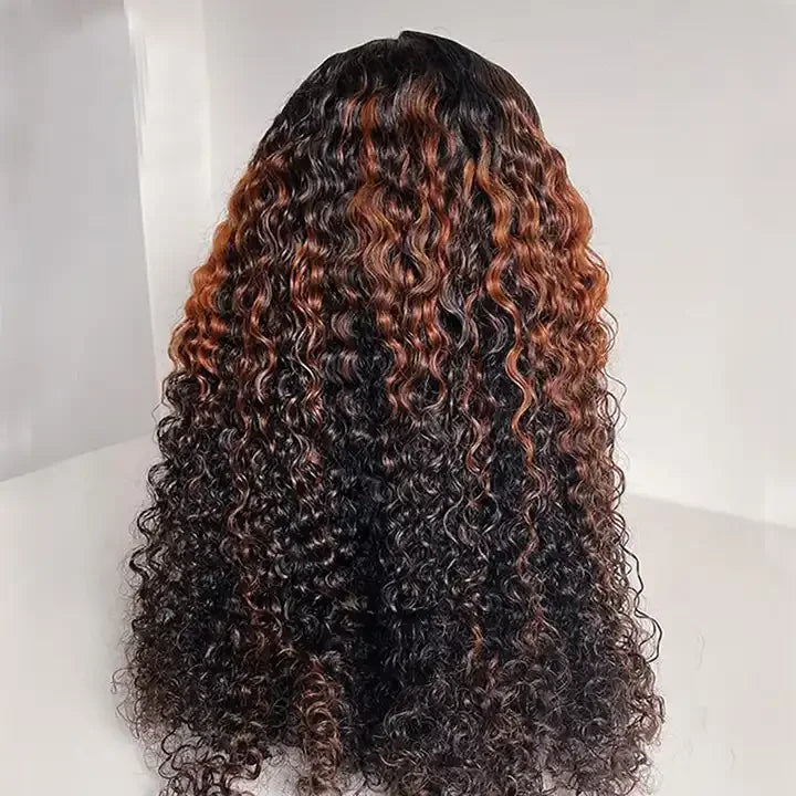13*4 Lace Front Wig Brown Highlight Raw Vietnamese Human Hair Transparent Lace Deep Curly Bleach Knots