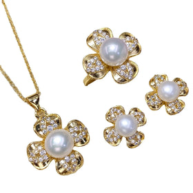 Fashion Design 8mm White Genuine Natural Real Freshwater Pearl Pendant Ring Gold Plated Flower Shape Jewellery Set