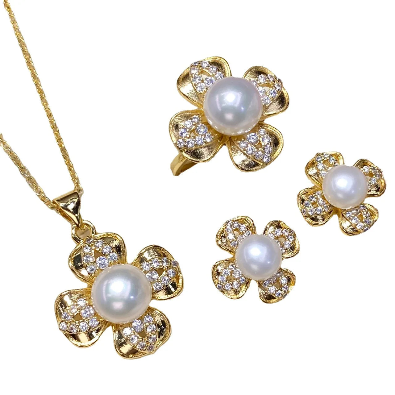Fashion Design 8mm White Genuine Natural Real Freshwater Pearl Pendant Ring Gold Plated Flower Shape Jewellery Set