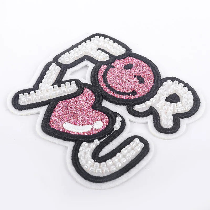 New Design Beaded Glitter Embroidery Custom Pearl Letter Embroidery Iron on Bag Patch Beaded Patches for Clothing