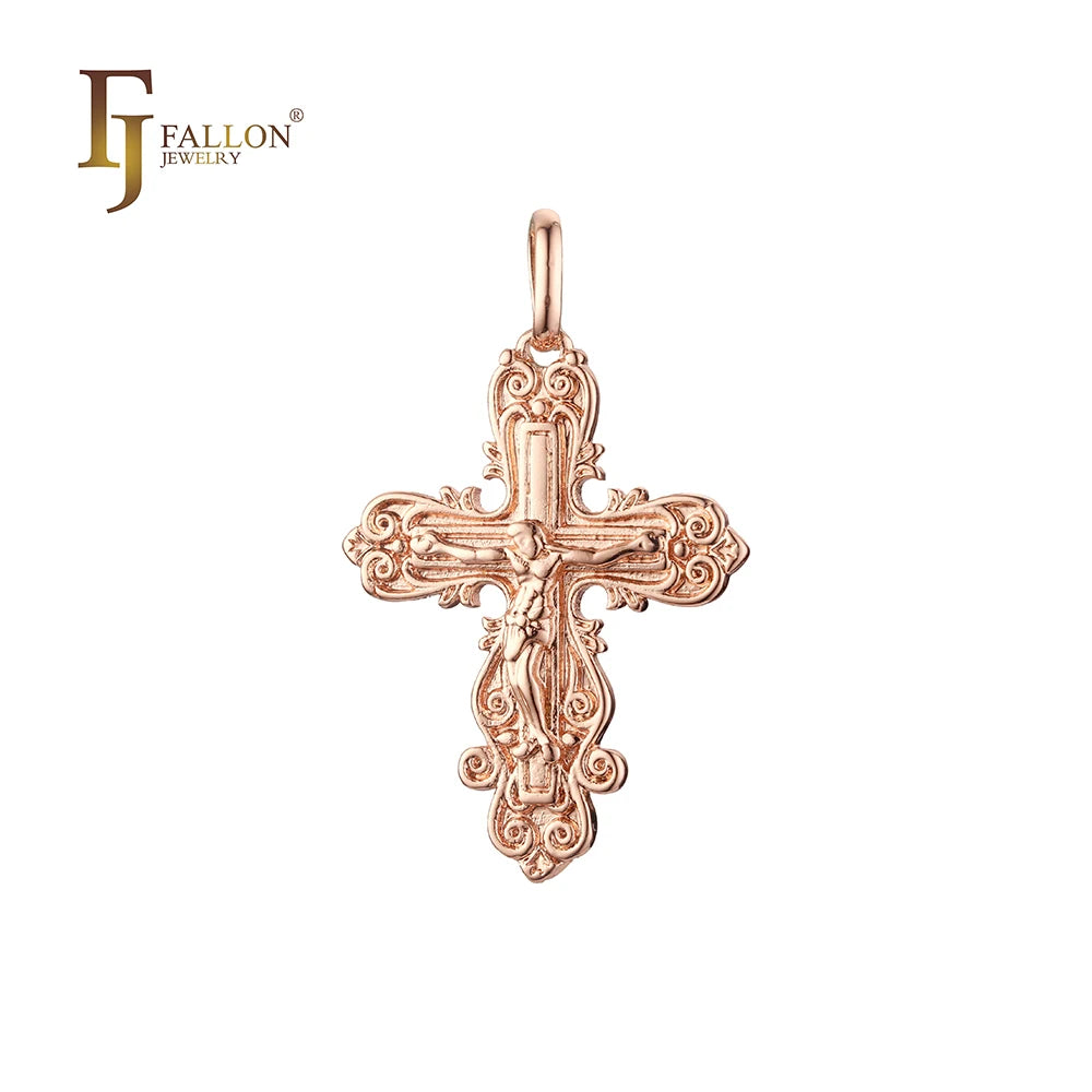 FJ Fallon Fashion Jewelry Catholic Cross Budded Pendant Plated in Rose Gold Brass Based