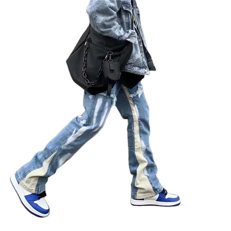 Men's Denim Stonewashed Paint-Painted Patchwork Straight Leg Loose High Street Designer Jeans for Winter Autumn Summer