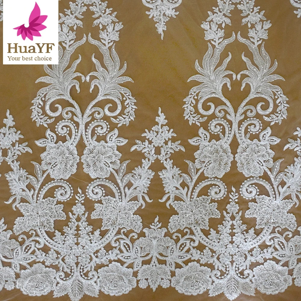 Hot Sales White French Sequin Lace Bridal Embroidery Lace Fabric for Women Wedding Dress Material HY1797-3