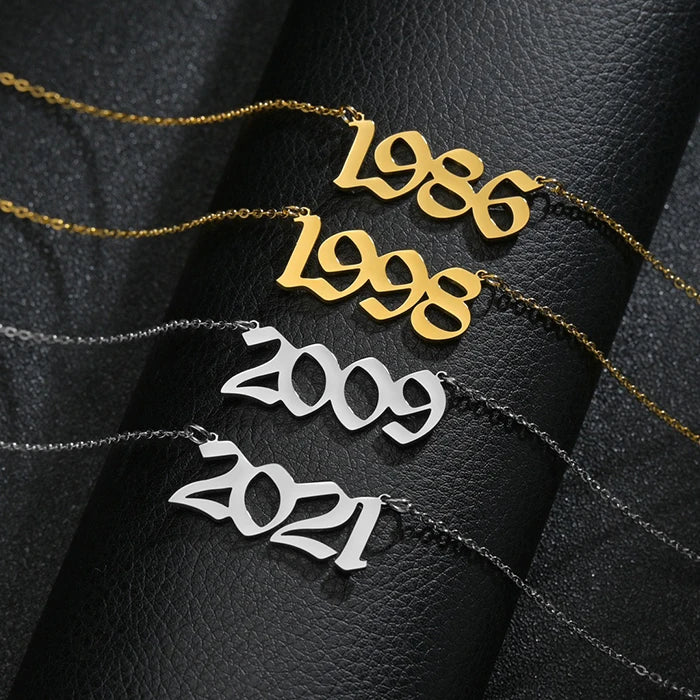 1980-2025 Non Tarnish 18K Gold Plated Stainless Steel Birth Number Year Necklace Jewelry for Women