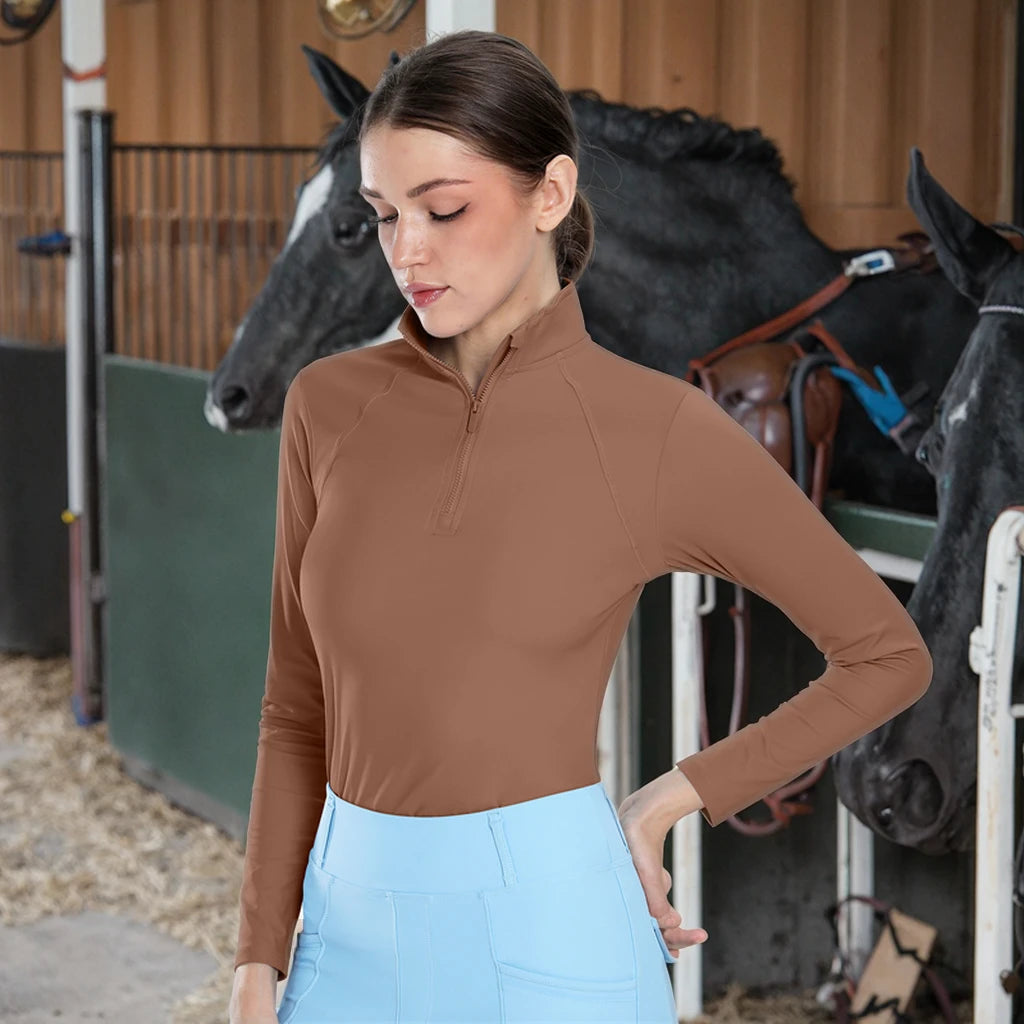 Brown Half Zipper Horse Riding Base Layer Female Riding Tops Equestrian 4-Way Stretch Fabric Women Equestrian Shirts