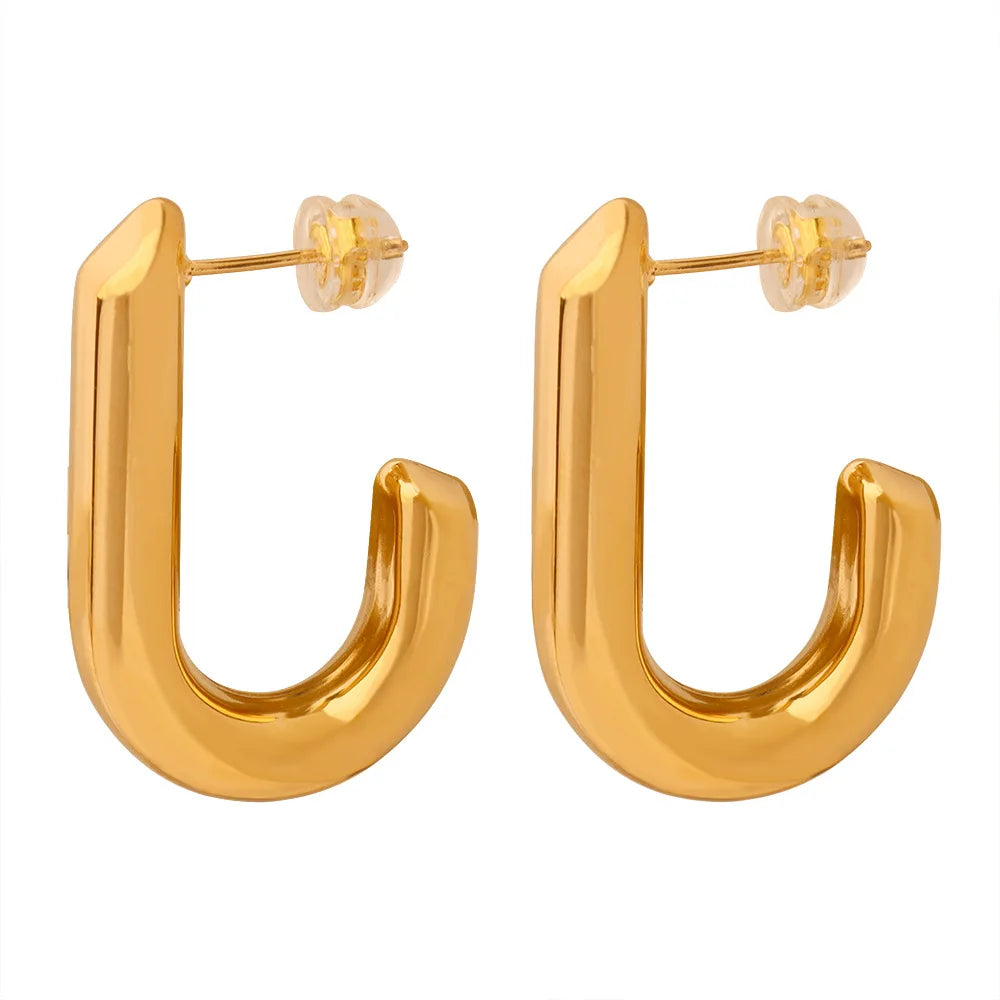 New Chunky Stud Earrings Non Tarnish Jewelry Gold Plated Stainless Steel Hollow Triangle J Shapes Hoop Earrings Women