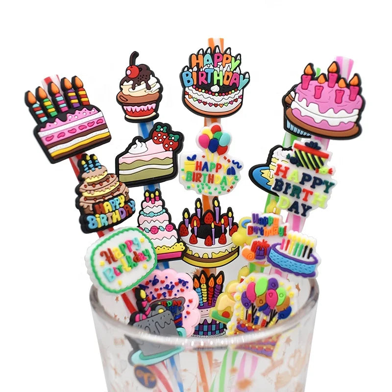 Fit for 6-8mm Drinking Custom Cute Cartoon Tumbler Holidays Silicone Straw Topper Birthday Cakes Straw Charms for Tumblers