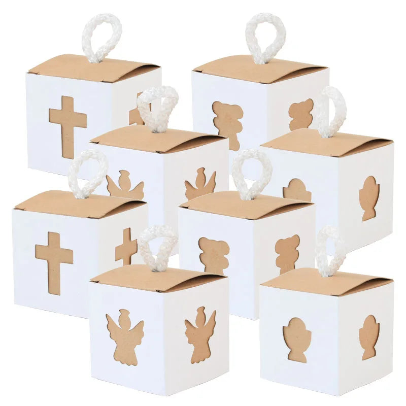 Christening Gift Box for Girls and Boys Baptism Religious Party Paper Favor Candy Gift Bags Cross Angel Design Kraft Paper Box