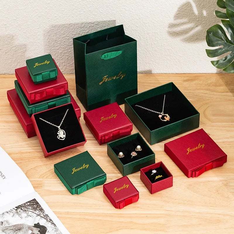 Luxury Red Dark Green Ring Earrings Bracelet Necklace Pendant Jewelry Set Box With Bow Tie for Engagement Wedding
