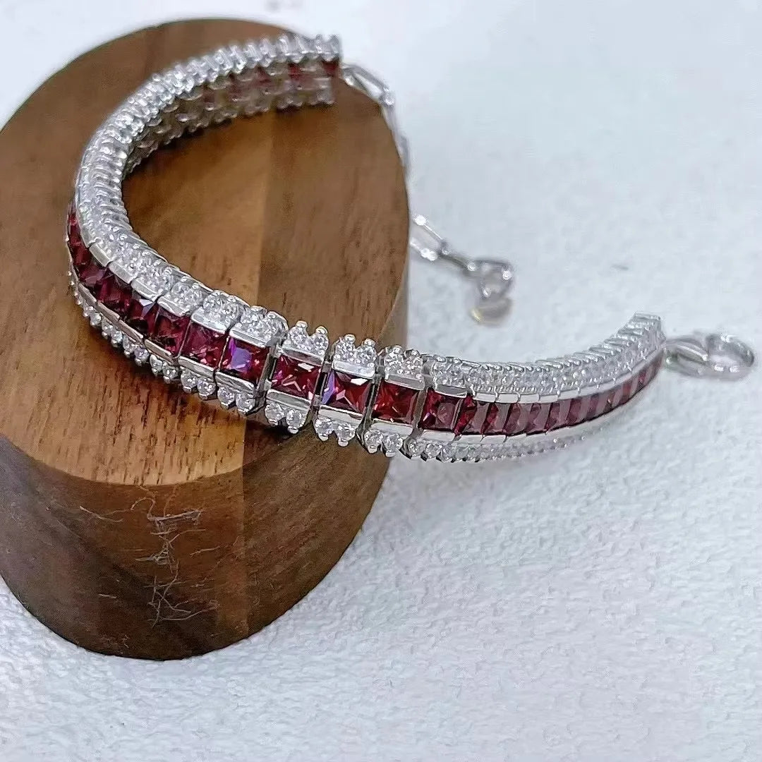 Exquisite Rhodium Plated Silver 925 Jewelry Natural Pyrope Bracelet for Women Anniversary Gift