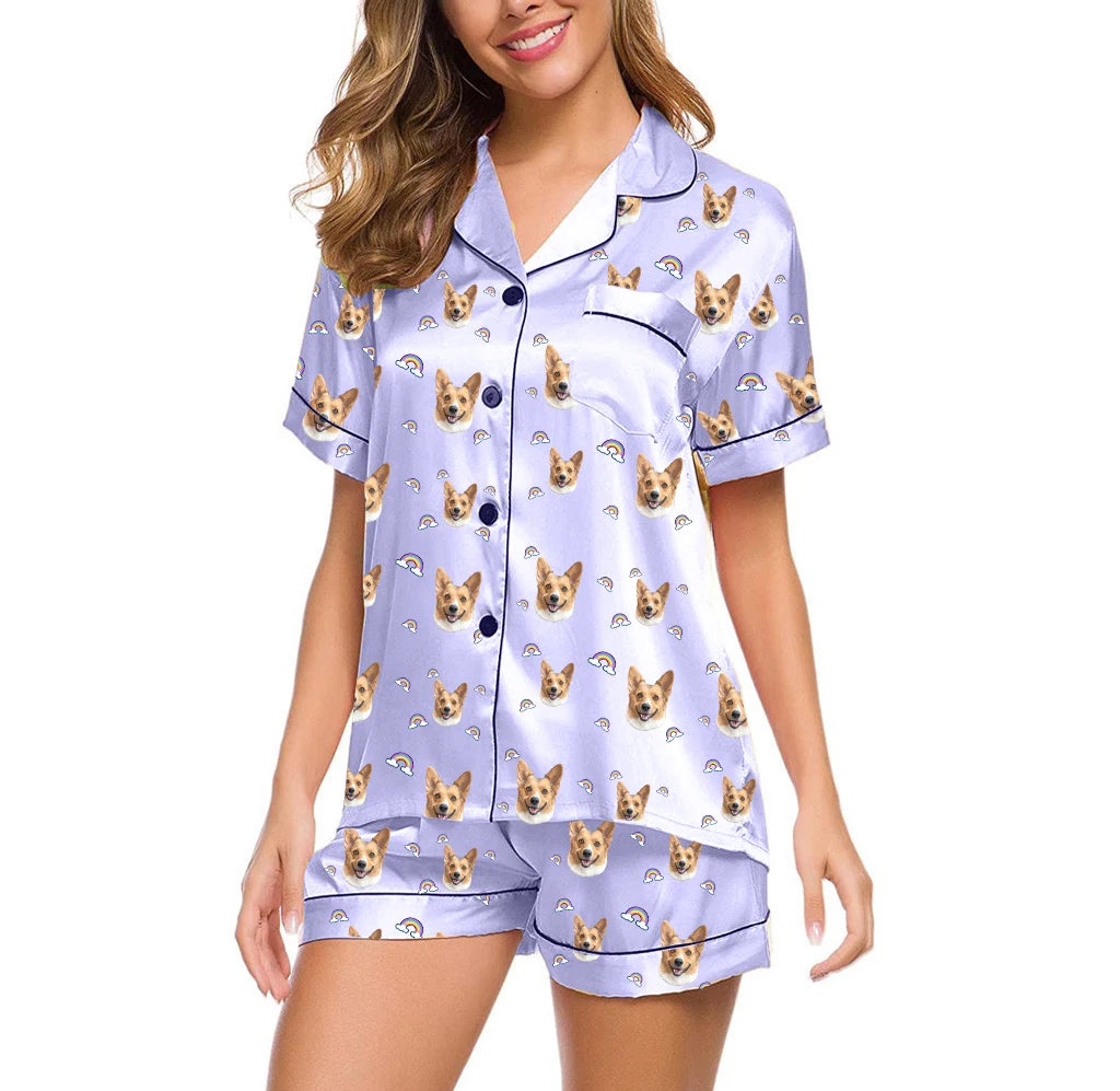 Custom Fabric Design Portrait Pet Photo Pajama 2 Piece Elegant Summer Shorts Silk Personalized Pajamas Set