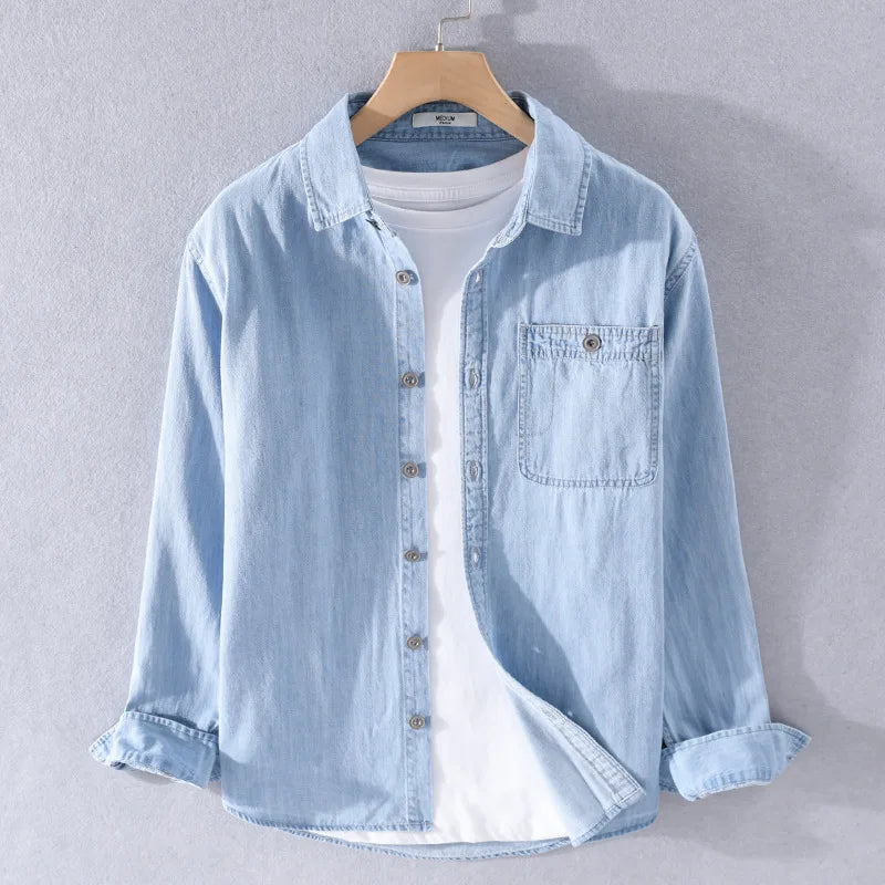 RNSHANGER New Stylish Long-sleeve Casual Denim Shirts for Men Trend Comfortable Solid Color Loose Male Shirt with Pocket
