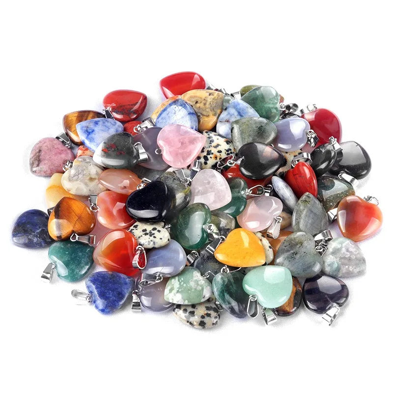 Mixed Heart Shaped Stone Pendants 20mm Chakra Beads Crystal Charms Stone Heart Pendants for Valentines Day DIY Jewelry Necklace