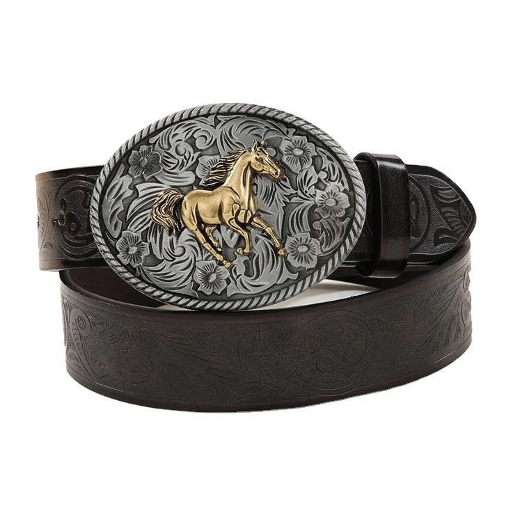 Western Mexican Cowboy PU Leather Alloy Pin Buckle Belts Horse Pattern Floral Engraving Brown/Black 120-130cm for Men Custom