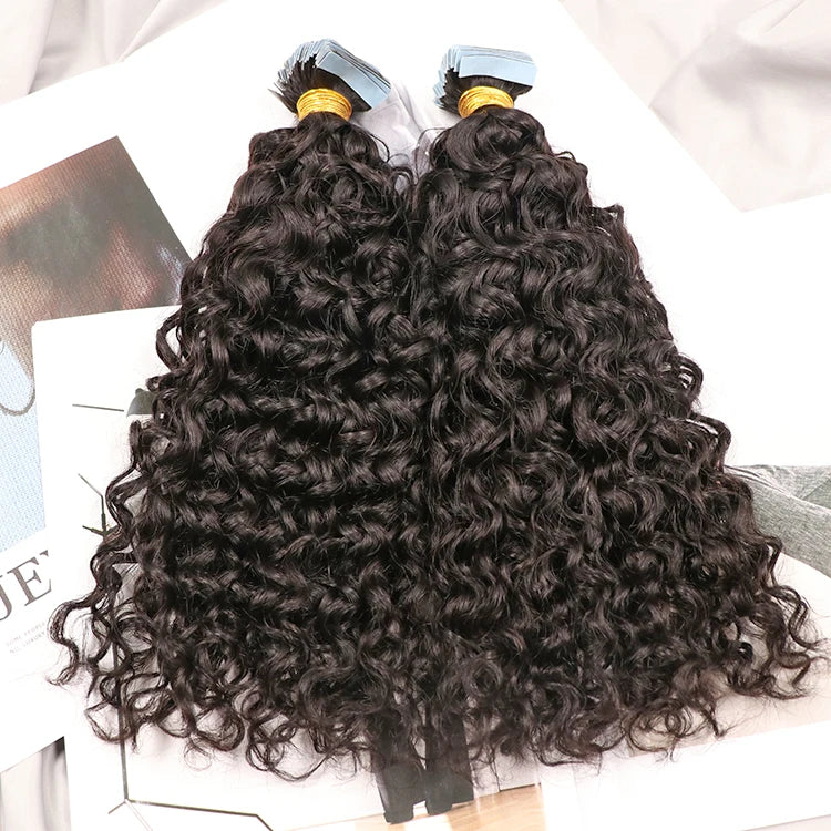 Cuticle Aligned Vrigin Human Hair Extension Tape Hair Deep Curly Raw Indian Temple Hair Tape Ins Extensions