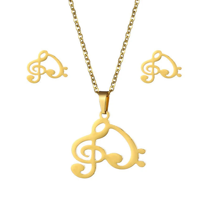 Heart Shape Note Necklace Set Stainless Steel Women's Music Symbol Pendant Earrings Clavicle Chain Fashion Jewelry Memorial Gift