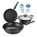 Factory 4 Pcs Kitchen Carbon Steel Iron Cookware Sets Marble Coating Non Stick Cook Sauce Pots and Frying Wok Pans Set