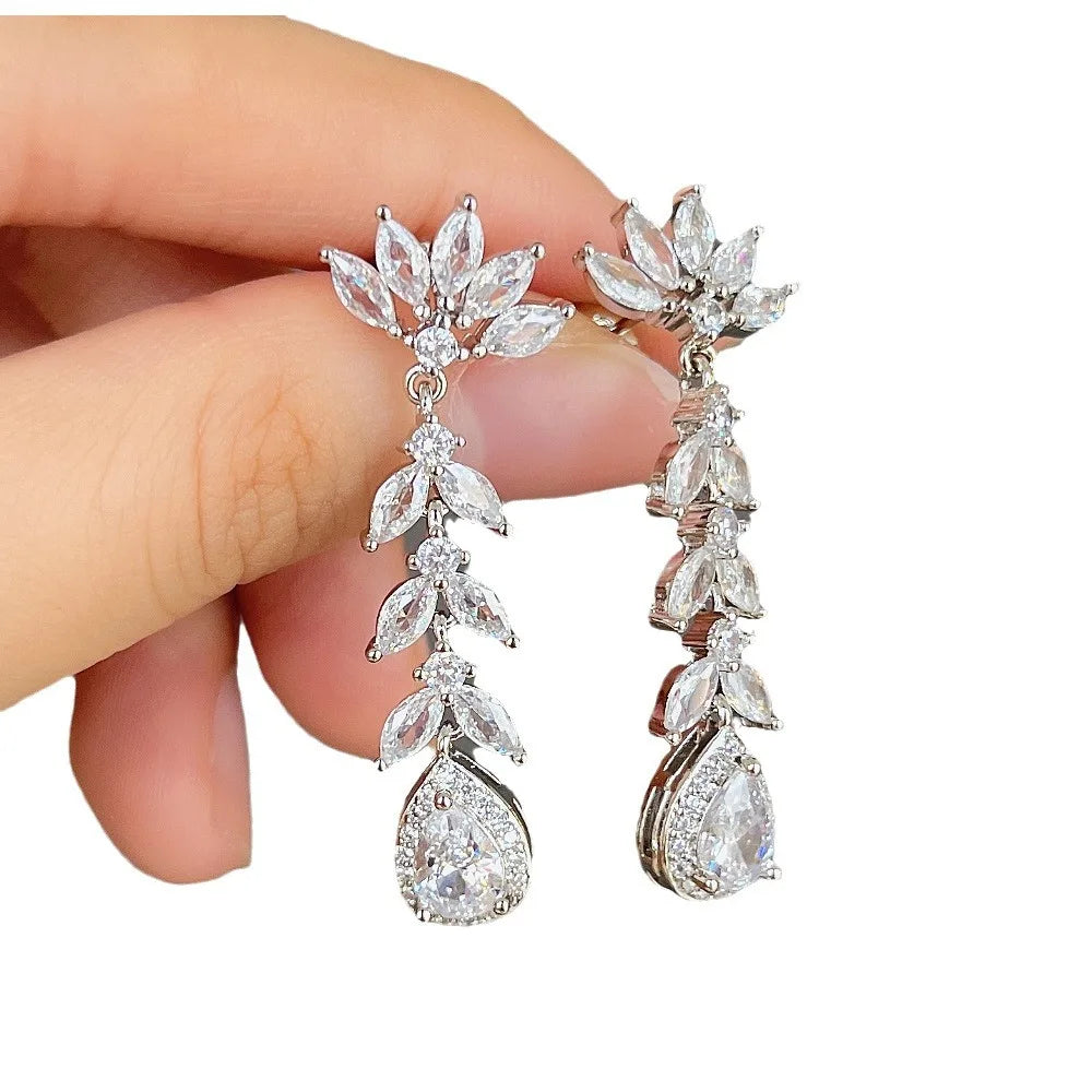 CAOSHI Wholesale Long Tassel Shaped Cubic Zirconia Drop Earrings Independent Packaged Droplet Pear Shaped Silver Plated Earrings