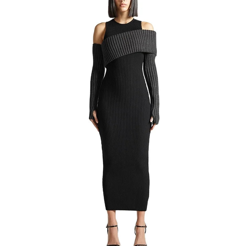TWOTWINSTYLE Soild Slimming Bodycon Dresses Vest Type Long Sleeve Elegant for Women Knitted Dress