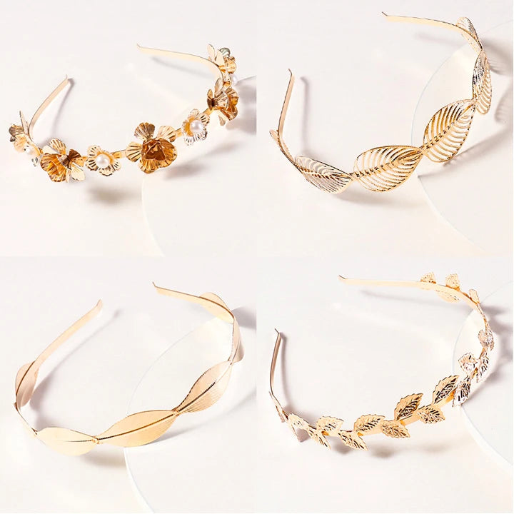 New Fashion Retro Pearl Rhinestone Alloy Headband Golden Luxury Elegant Beauty Flower Leaf Wedding Bridal Hairbands for Woman