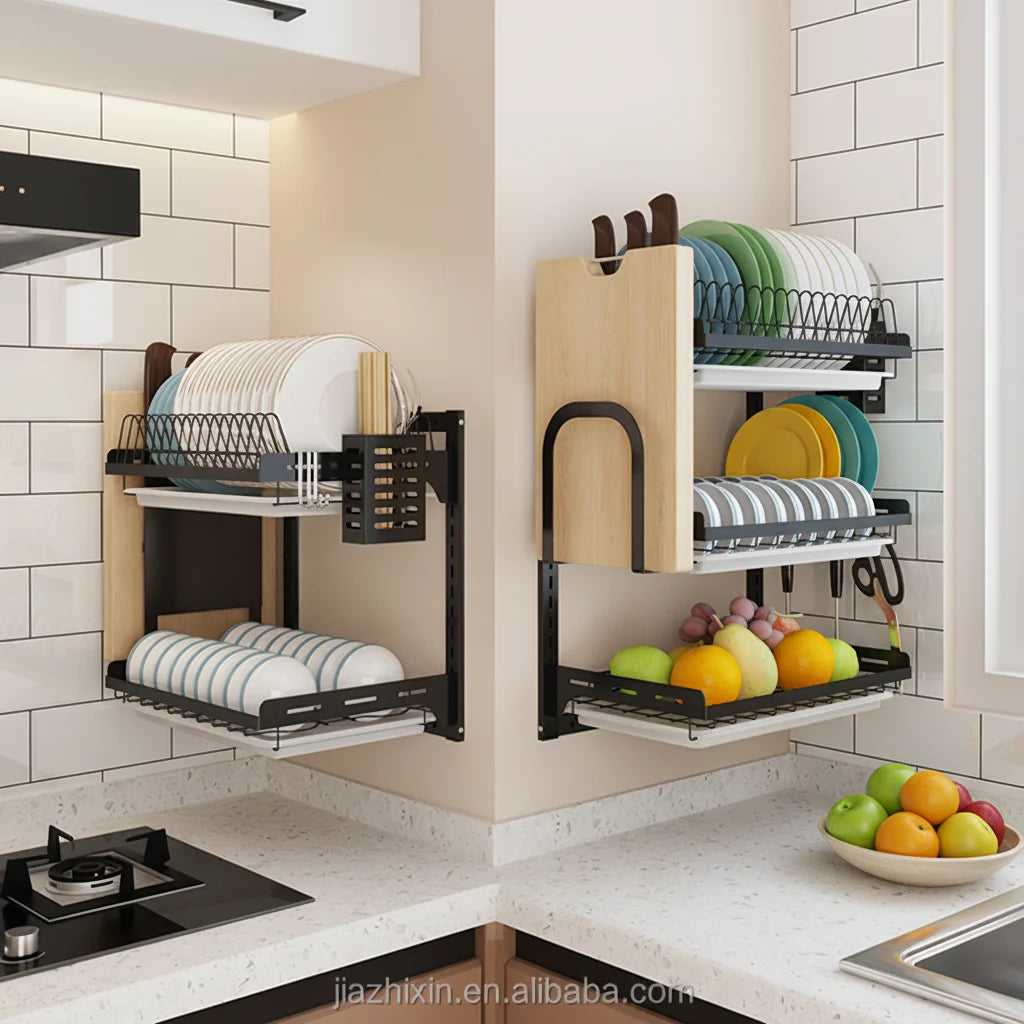 3 Tier Pull Down Foldable Kitchen Over the Sink Stainless Steel Unique Wall Hanging Bowl Cups Spoon Storage Dish Drainer Rack