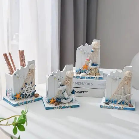 Mediterranean Style Creative Penholder Storage Box Ocean Style Home Wooden Office Table Decorations Wooden Crafts