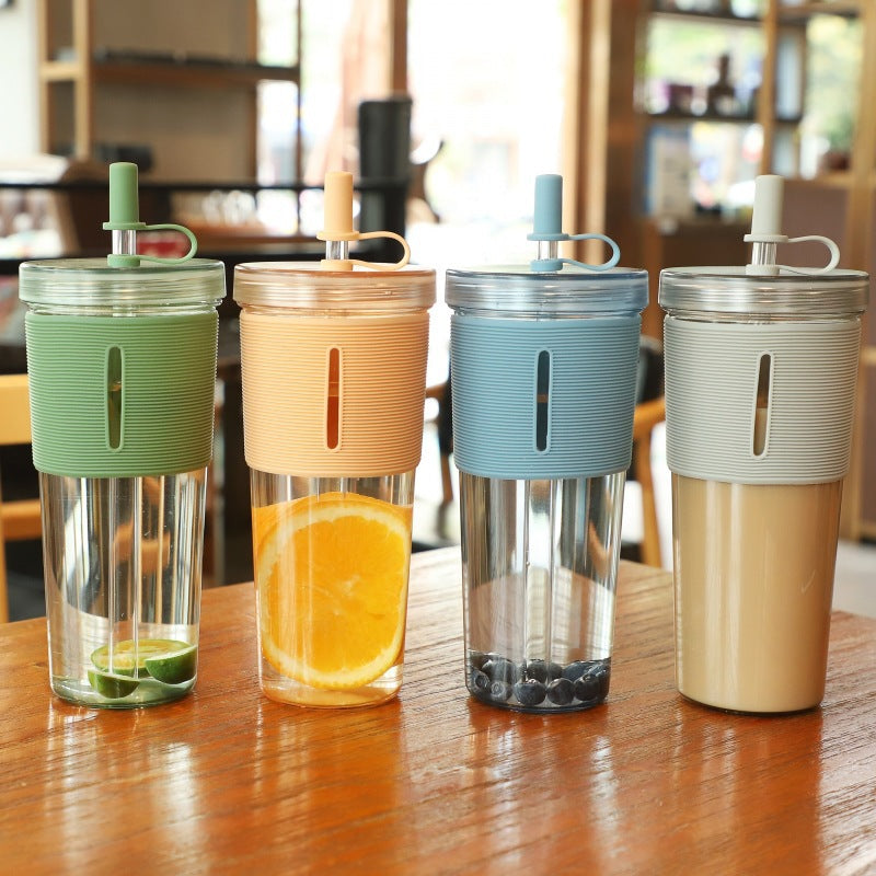 Custom BPA-Free Eco-Friendly Summer Juice Milk Tumbler Clear Plastic Leak-Proof Reusable Straw Water Bottle with Silicone Sleeve