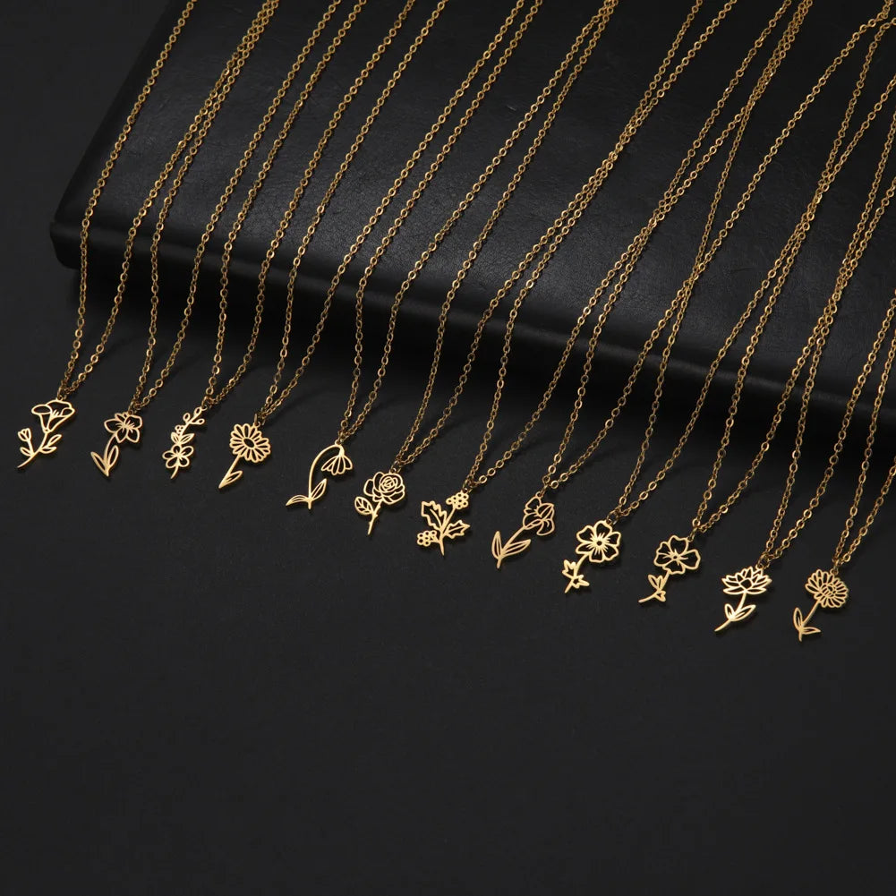 New Style 18K Gold Plating Birth Flower Necklace Hollow Out Twelve Birthday Flower Necklace Jewelry Gift for Friends for Women