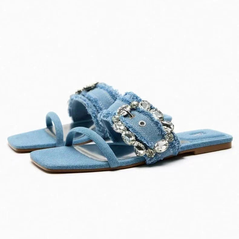 Flat Sandals Women Spring Summer Rhinestone Blue Denim Fashion Luxury Outdoor Square Toe Breathable Comfort Height Increasing