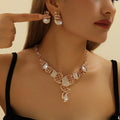 Cross Border Hot Selling Gold Inlaid White Rhinestone Hollow Necklace Earring Set for Women's Jewelry in Europe and America