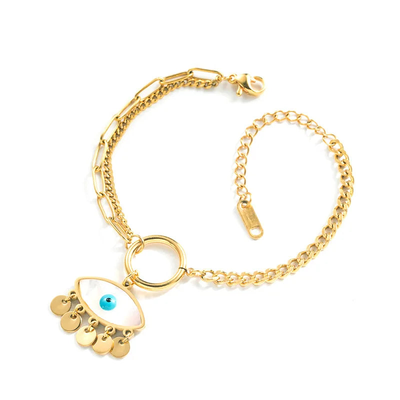 Adjustable Women Hand Jewelry Stainless Steel Shell Evil Eyes Charm  Gold Plated Blue Evil Eyes Tassel