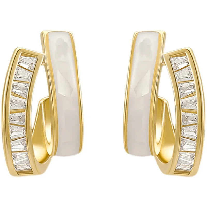Double Curved Micro Inlaid Drop Glaze White Stone Earrings Women's Light Luxury Elegant Accessories