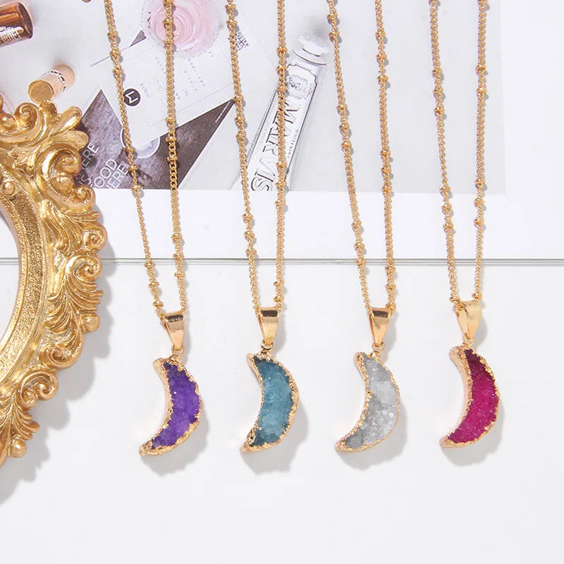 New Natural Stone Amethyst Rough Crystal Cluster Moon Pendant Necklace Women's Color Retention Gold-plated Chain Necklace
