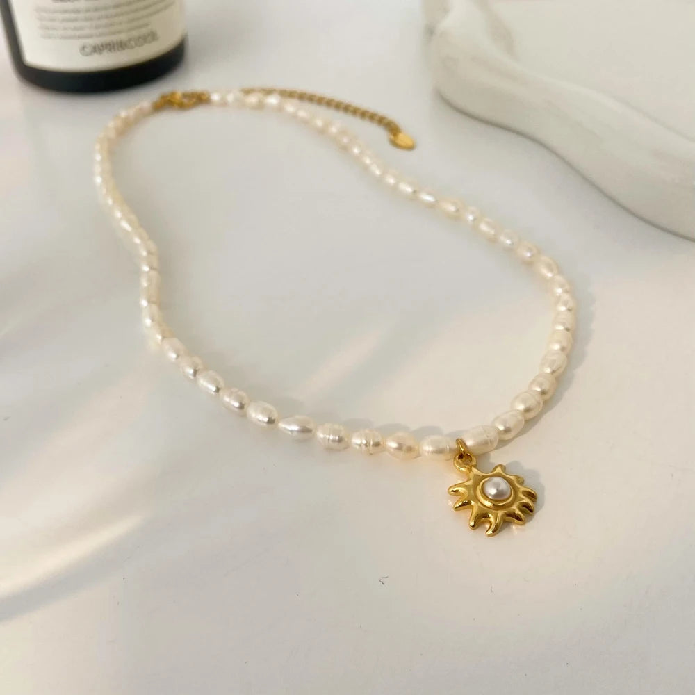 Gentle Freshwater Pearl Necklace Joyas De Acero Inoxidable Exquisite Sunflower Stainless Steel Pendant Necklace