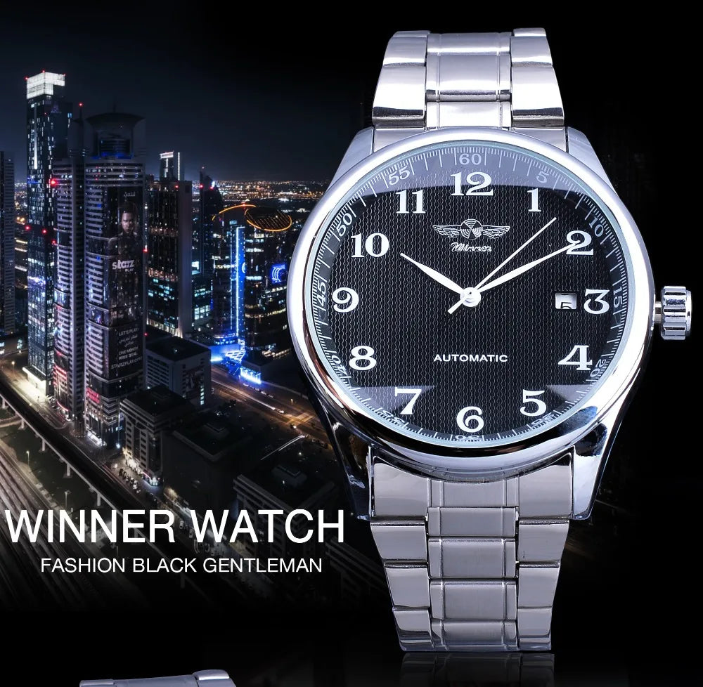 Winner Gift Watch Simple Fashion Digital Date Display Stainless Steel Clock Luxury Business Top Automatic Men's Wrist Watches