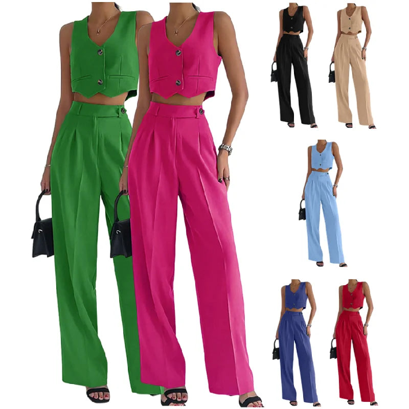 C0319 Trendy Two Piece Set Women Clothing Office Ladies Wear Suit Waistcoats and Straight Pants Set 2 Piece Outfits for Women