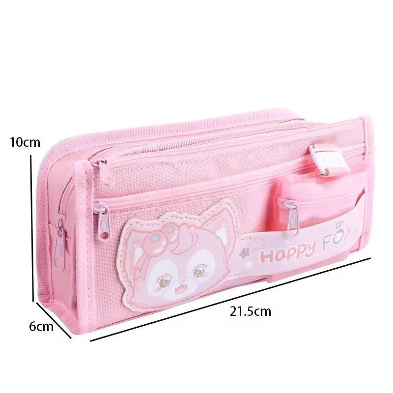 Cute & Spacious Canvas Pencil Bag: Multi-layer Cartoon-Designed Stationery Box for Girls Perfect for Students