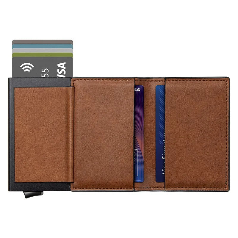 Aluminum Wallet Trifold Leather Card Holder Metal Wallets for Men Tarjetero Para Tarjetas Slim Bifold Custom Card Holder Pop up