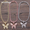 Brass CZ Butterfly Pendant with 8mm Cuban Link Chain  Necklace Hip Hop Bling Jewelry CZ Chain Iced Out CN111