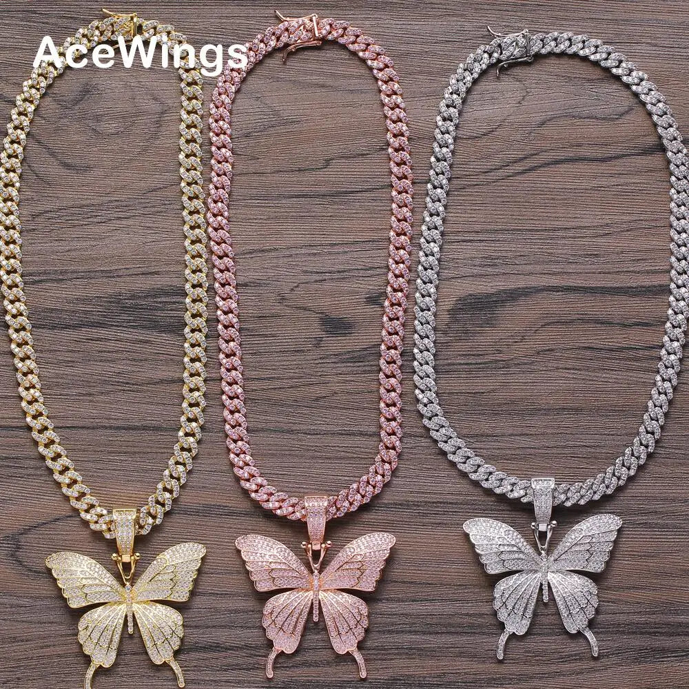Brass CZ Butterfly Pendant with 8mm Cuban Link Chain  Necklace Hip Hop Bling Jewelry CZ Chain Iced Out CN111