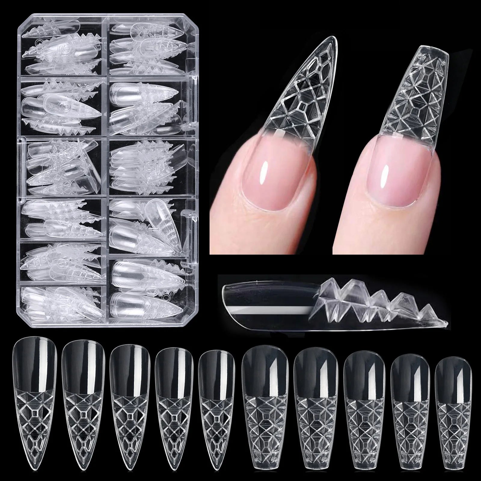 Misscheering 120pcs Nail Art Box with Transparent Trapezoidal Long Pointed Concave Convex 3D Crystal Glass armor