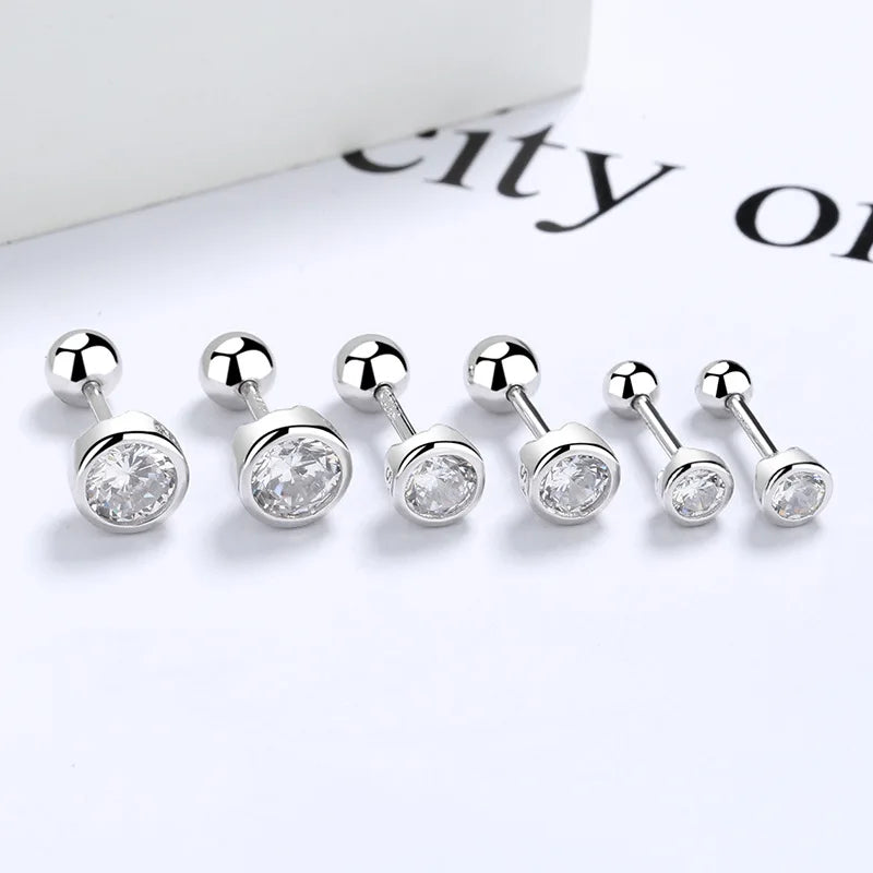 Hypoallergenic Nickel Free 925 Silver White Cubic Zircon Ball Stud Earrings Screw Back for Women Men Unisex