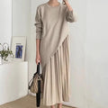 Wholesale 2026 Autumn Vintage Elegant Round Neck Irregular Design Loose Casual Splice Women's Dress