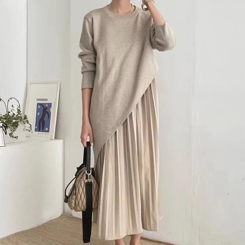 Wholesale 2026 Autumn Vintage Elegant Round Neck Irregular Design Loose Casual Splice Women's Dress
