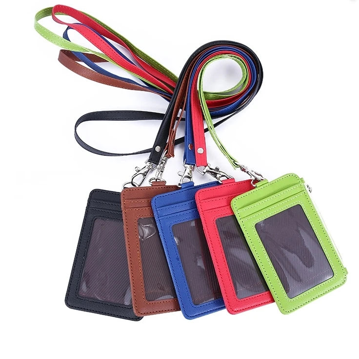 Factory Price PU Leather Card Holder with Lanyard Name ID Card Cover Work Identity Badge with Rope Business Card Case