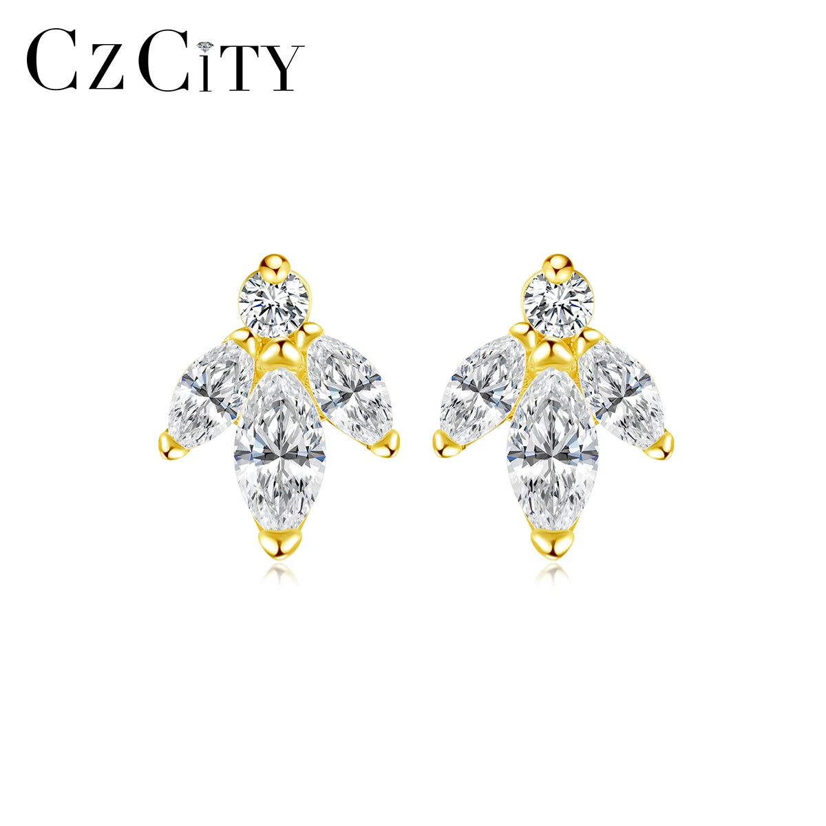 CZCITY 5A Cz Sterling Silver Leaf Loverleaf Stud Cubic Zirconia Fashion 925 14K Gold Earring